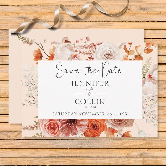 Boho verbrande Oranje Herfst bloemboog monogram pe Save The Date