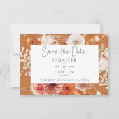 Boho Verbrande Oranje Herfst Bloemenboog Monogram  Save The Date (Voorkant)