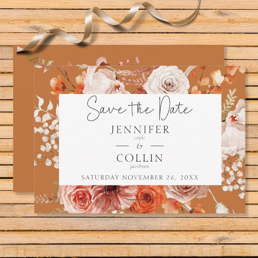 Boho Verbrande Oranje Herfst Bloemenboog Monogram  Save The Date