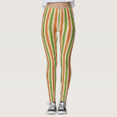 Boho Verbrande Oranje Salie Groene Retro Gestreep Leggings (Voorkant)