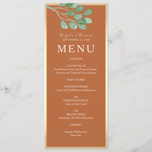 Boho verbrande Sinaasappel bruiloft Menu (Voorkant)