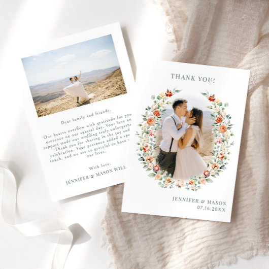 Boho verbrande sinaasappels bloemenkrans Trouwfoto Bedankkaart