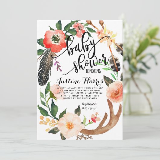 Boho veren Baby shower Uitnodiging (Staand voorkant)