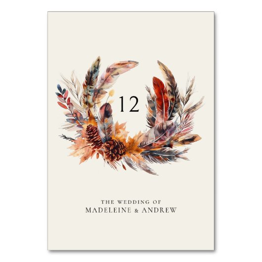 Boho veren bloemenkrans herfst bruiloft kaart (Voorkant)