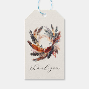 Boho veren bloemenkrans monogram bruiloft cadeaulabel