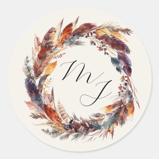 Boho veren bloemenkrans monogram bruiloft ronde sticker (Voorkant)