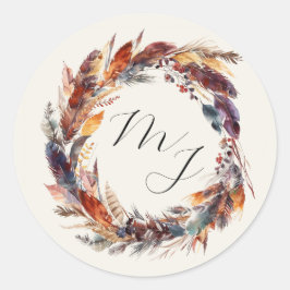 Boho veren bloemenkrans monogram bruiloft ronde sticker
