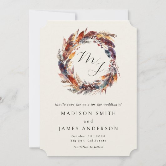 Boho veren bloemenkrans monogram bruiloft save the date (Voorkant)