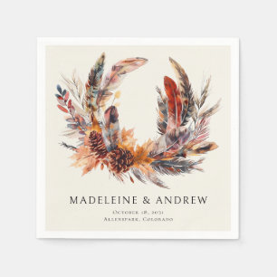 Boho veren bloemenkrans monogram bruiloft servet