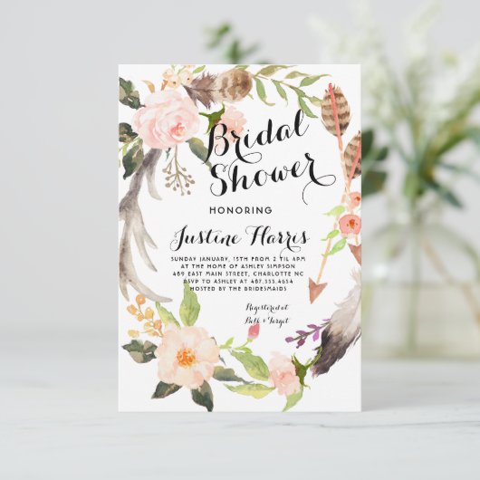 Boho veren Bridal Shower Uitnodiging (Staand voorkant)