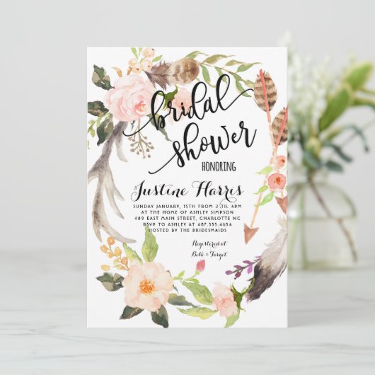 Boho veren Bruids Douche Uitnodiging (Staand voorkant)