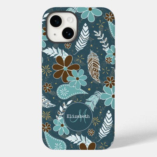 Boho veren doedelen bloemen blauwgroen turkooizen  Case-Mate iPhone case (Achterkant)