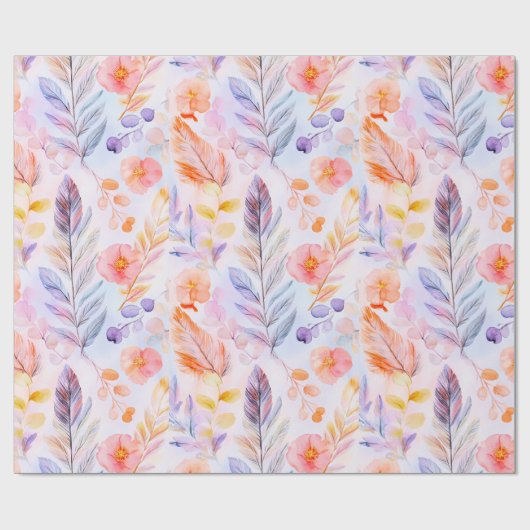 Boho veren en bloemen cadeaupapier (Vlak)