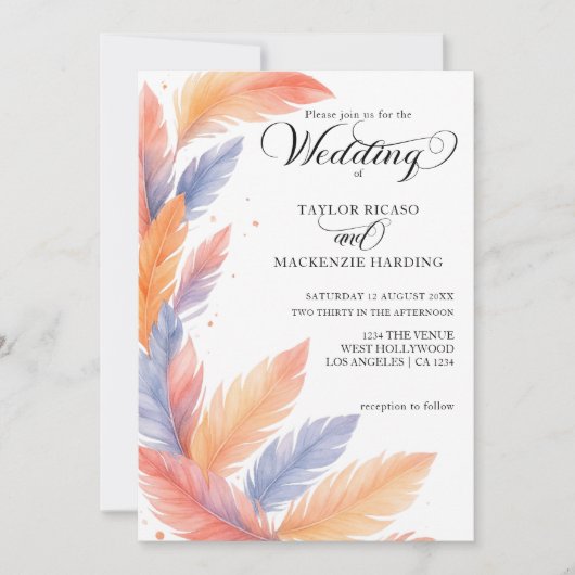 Boho veren en elegante script foto bruiloft kaart (Voorkant)