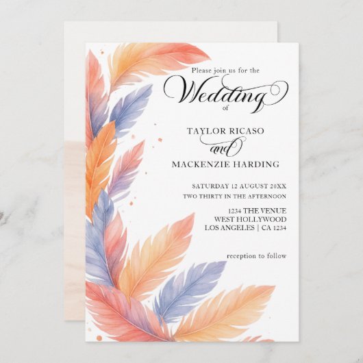 Boho veren en elegante script foto bruiloft kaart (Voorkant / Achterkant)