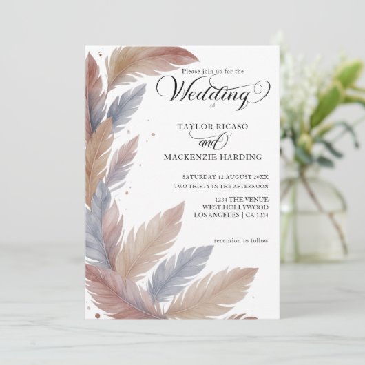 Boho veren en elegante script foto bruiloft kaart (Staand voorkant)