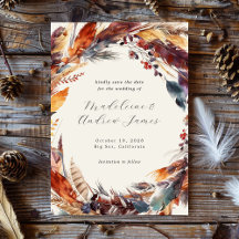 Boho veren Herfst gebladerte kalligrafie bruiloft