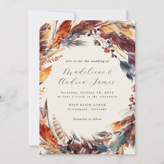 Boho veren Herfst krans kalligrafie bruiloft Kaart (Voorkant)