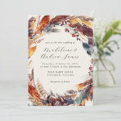 Boho veren Herfst krans kalligrafie bruiloft Kaart (Staand voorkant)