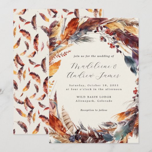 Boho veren Herfst krans kalligrafie bruiloft Kaart (Voorkant / Achterkant)