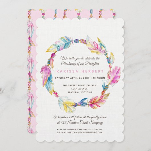 Boho veren kralen waterverf roze doop kaart (Voorkant / Achterkant)