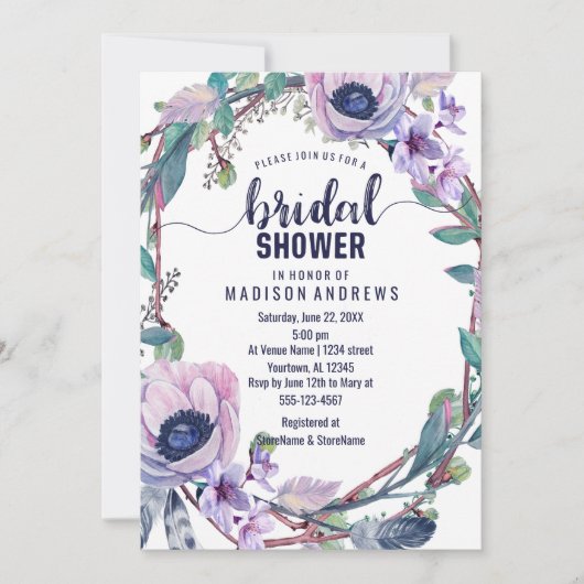 Boho veren krans bruids douche uitnodiging (Voorkant)