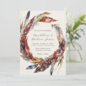 Boho veren krans kalligrafie herfst bruiloft kaart (Staand voorkant)
