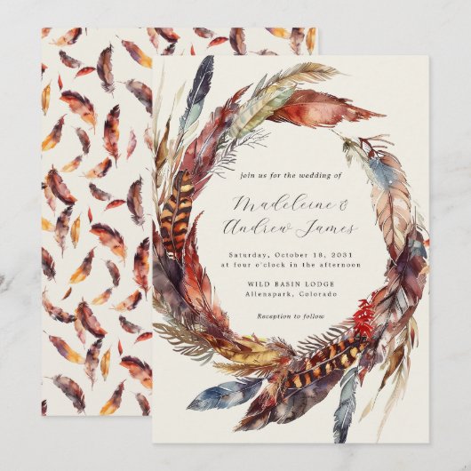 Boho veren krans kalligrafie herfst bruiloft kaart (Voorkant / Achterkant)