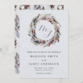 Boho veren krans monogram winter bruiloft save the date (Voorkant / Achterkant)