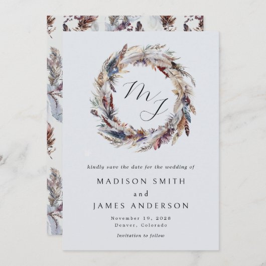 Boho veren krans monogram winter bruiloft save the date (Voorkant / Achterkant)