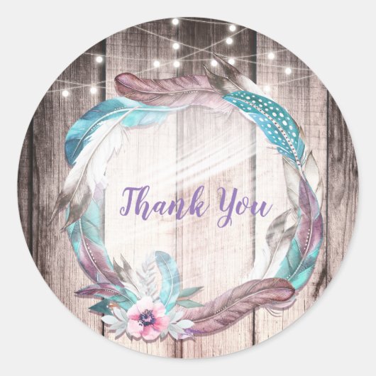 Boho veren krans & snoer verlichting bruidsdouche ronde sticker (Voorkant)