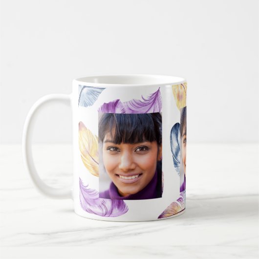 Boho veren paarse geel wit foto koffiemok (Links)