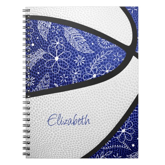 Boho veren paisleuze blauw wit basketbal notitieboek (Voorkant)