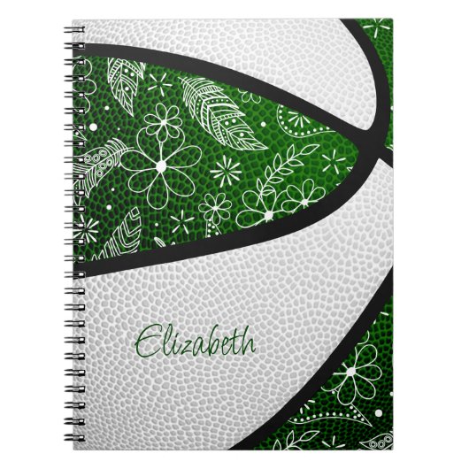 Boho veren paisleuzen groen wit basketbal notitieboek (Voorkant)