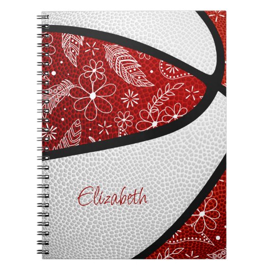 Boho veren paisleuzen rode witte basketbal notitieboek (Voorkant)