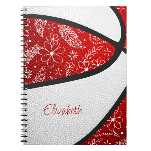 Boho veren paisley rood wit basketbal notitieboek (Voorkant)