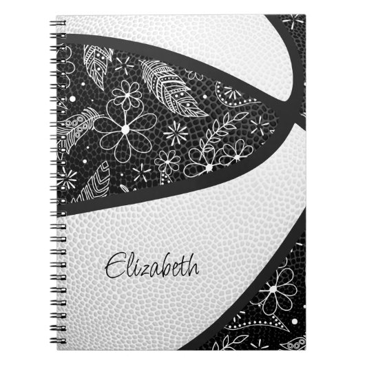 Boho veren paisley zwart wit basketbal notitieboek (Voorkant)