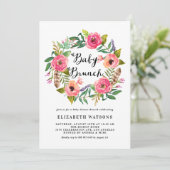 Boho veren roze bloemenslinger baby brunch kaart (Staand voorkant)