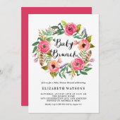 Boho veren roze bloemenslinger baby brunch kaart (Voorkant / Achterkant)