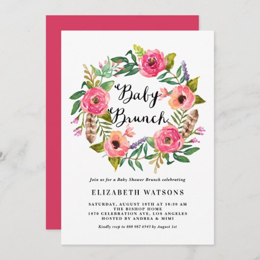 Boho veren roze bloemenslinger baby brunch kaart (Voorkant / Achterkant)