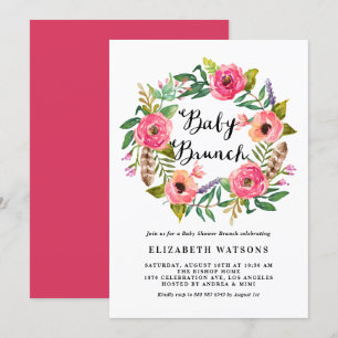 Boho veren roze bloemenslinger baby brunch kaart