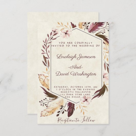 Boho veren trouwuitnodiging kaart (Voorkant / Achterkant)