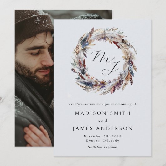 Boho Verenkrans Monogram Winter Huwelijk Save The Date (Voorkant / Achterkant)