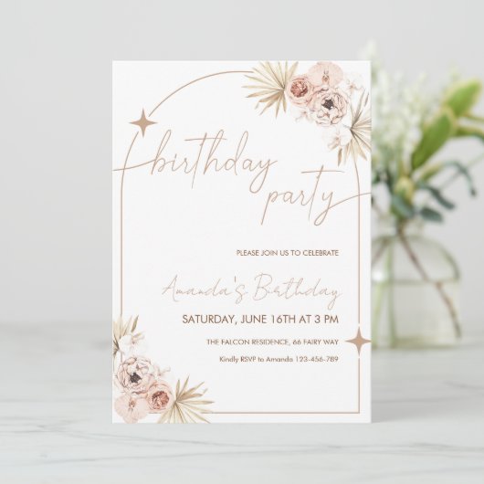 Boho Verjaardag Nodig Pampas Grass Verjaardag Kaar Kaart (Staand voorkant)