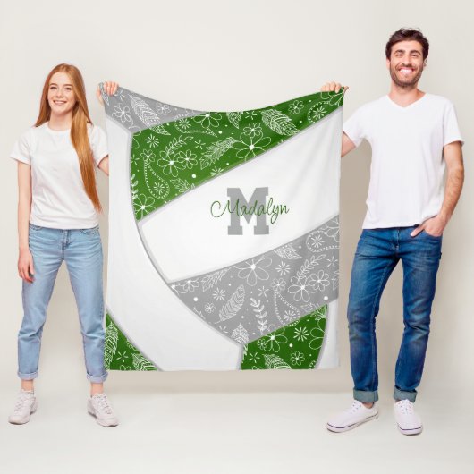 Boho vethers patroon groen grijs volleybal fleece deken (In situ)