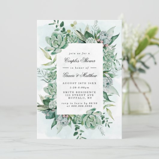 Boho Vetplant Groene Kleur Bruiloftsinvitatie (Staand voorkant)