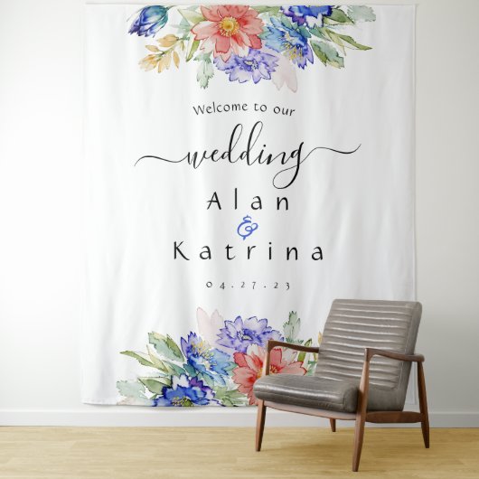 Boho Vibrant Bloemen Grote Teken Tapestry Wandkleed (In situ)