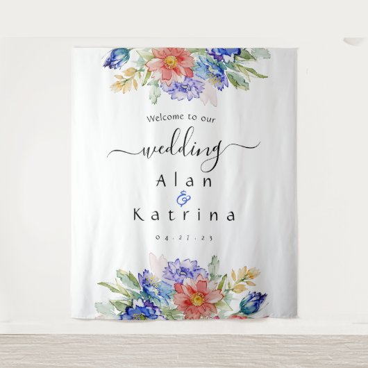 Boho Vibrant Bloemen Grote Teken Tapestry Wandkleed (Voorkant)