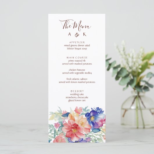 Boho Vibrant Flowers Bruiloft Menu Platte Kaart (Staand voorkant)