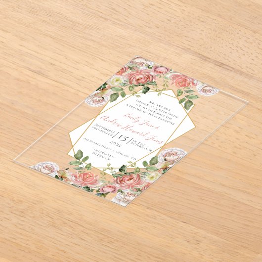 Boho Victoriaans Roos geometrische gouden Lijst br Acryl Uitnodigingen (Laagn)